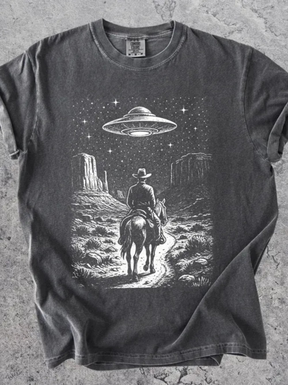 Vintage Black Graphic Cowboy & UFO Short Sleeve Tee